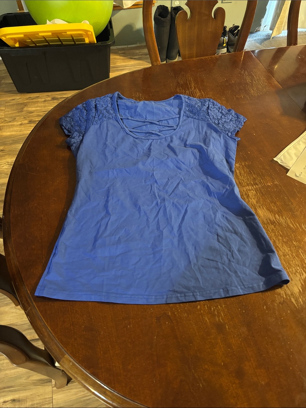 Women's Blue Lace Sleeve Scoop Neck Top